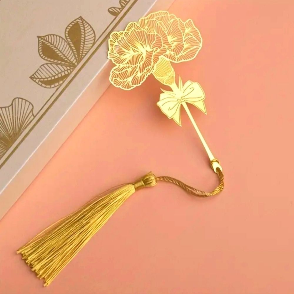 Gold flower bookmark carnation stencil hollowed out metal place holder tassel